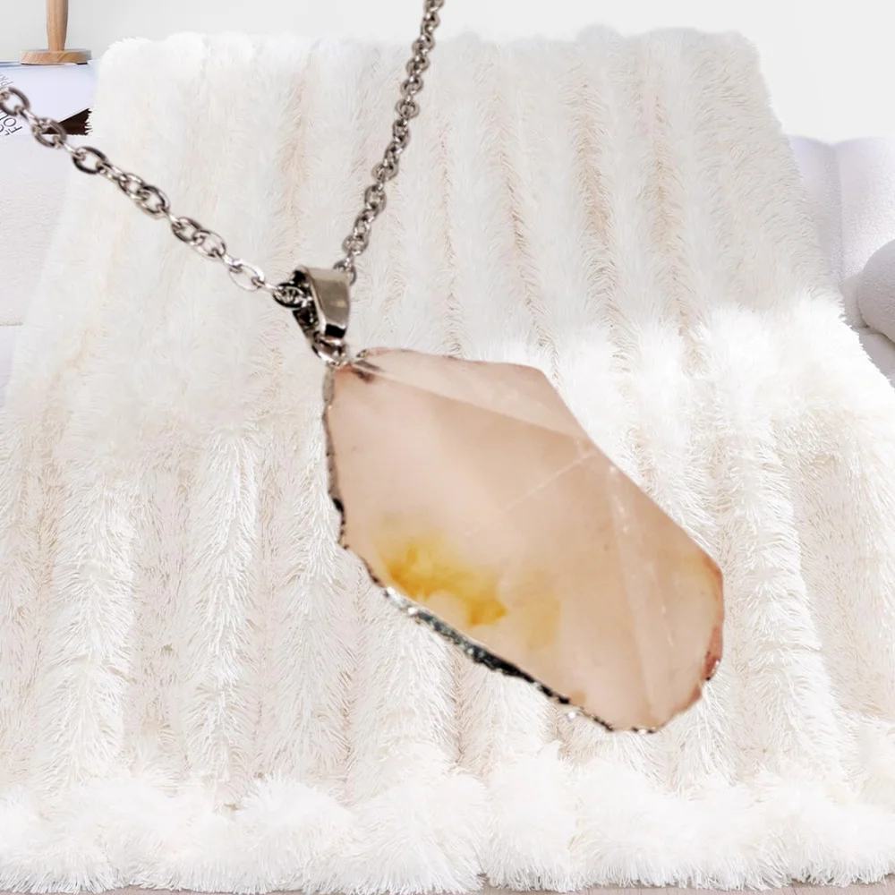 Natural Polished Rose Quartz Pendant Healing Stone. Stainless Steel Necklace